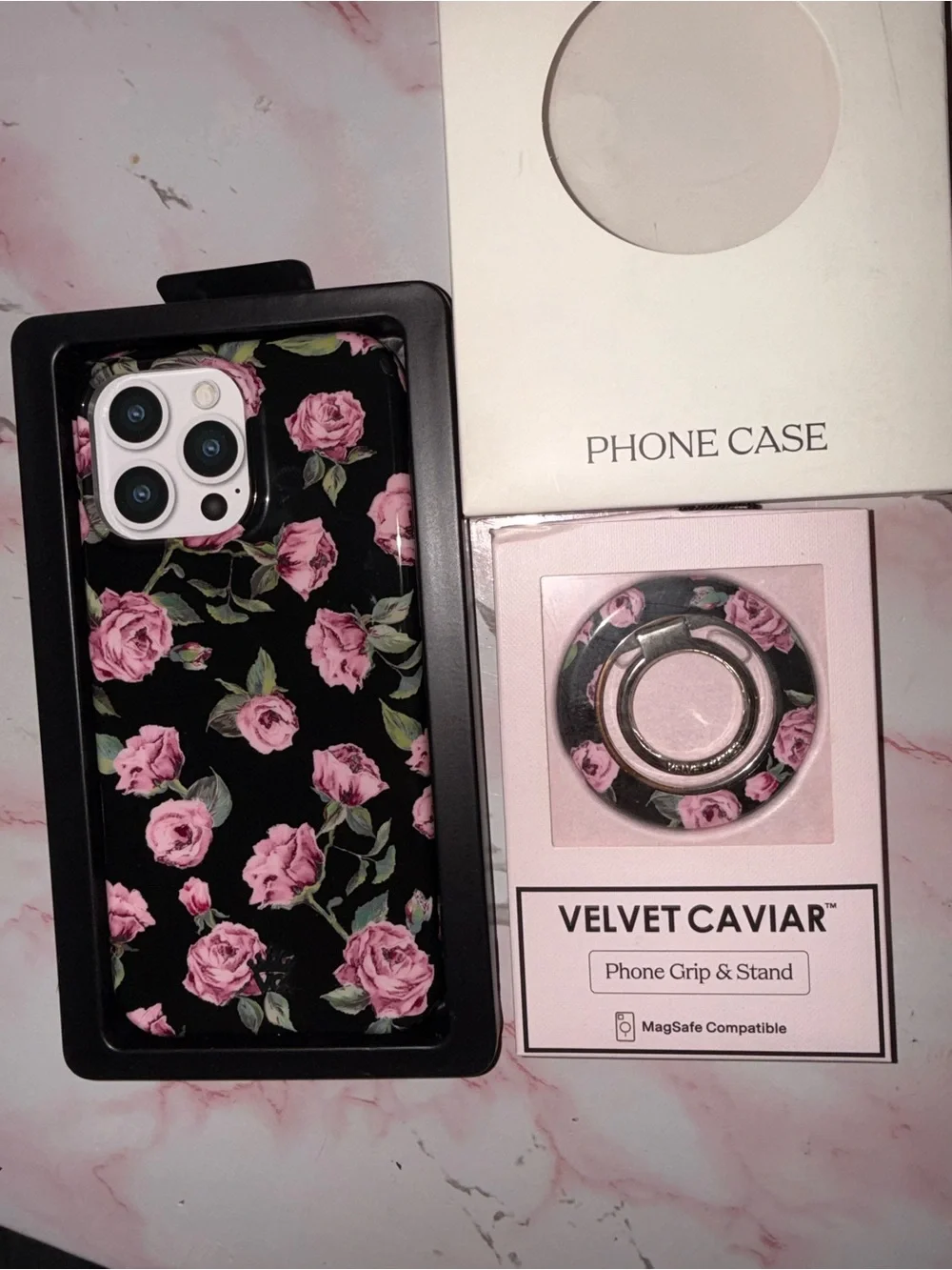 Velvet Caviar Pink Rose Floral Phone Case & Phone Grip - Black Background